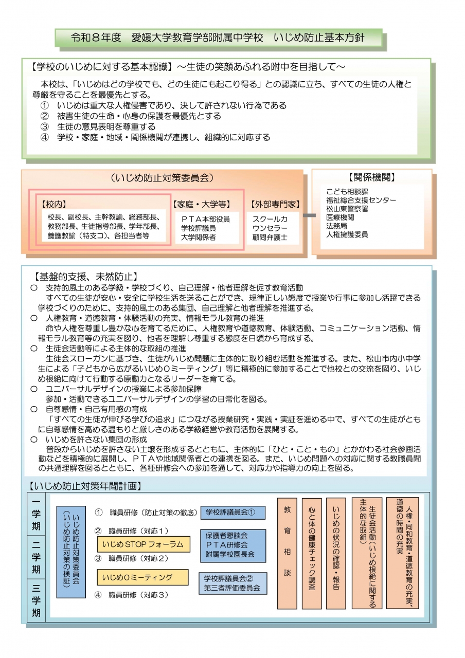 令和８年度 いじめ防止基本方針（1ページ目）：基本認識、いじめ防止対策委員会、基盤的支援・未然防止、年間計画